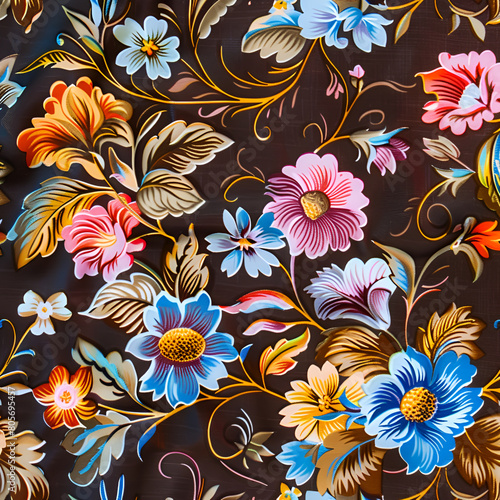 seamless floral background  Silk fabric texture dark brown with bright floral pattern. Fragment of colorful retro tapestry textile pattern with floral ornament useful as background