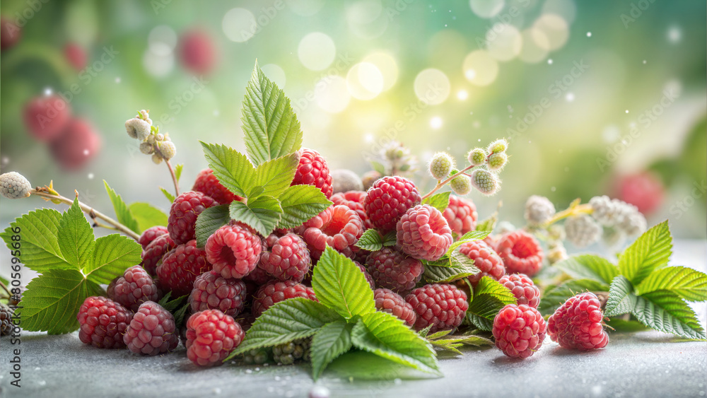 Fresh raspberries with green leaves, shining under soft light. A whimsical close-up of ripe raspberries bathed in enchanting light, nestled in vibrant green foliage. Fresh raspberries with green leaves, shining under soft light. A whimsical close-up of ripe raspberries bathed in enchanting light, nestled in vibrant green foliage.