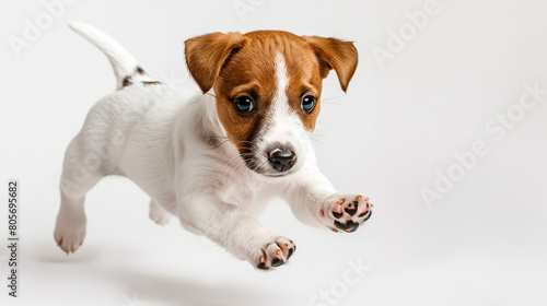 Portrait of cute playful puppy of Jack Russell Terrier in motion, jumping isolated over white studio background. Concept of motion, beauty, vet, breed, pets, animal life. Copy space for ad ,