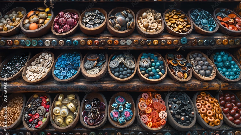 Artistic display of antique buttons at a flea market, nostalgic, vibrant array,