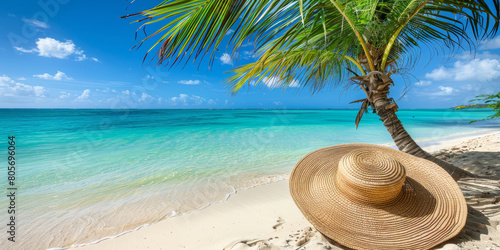 A beach scene with a palm tree and a straw hat on the sand
