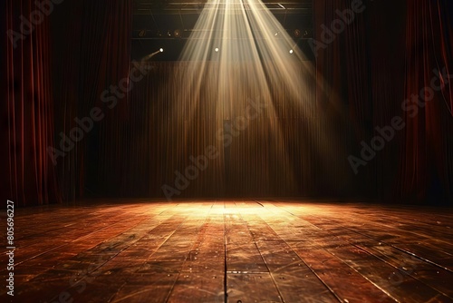 curtain call anticipation builds on vacant stage spotlight illuminating empty performance space dramatic theater photograph photo