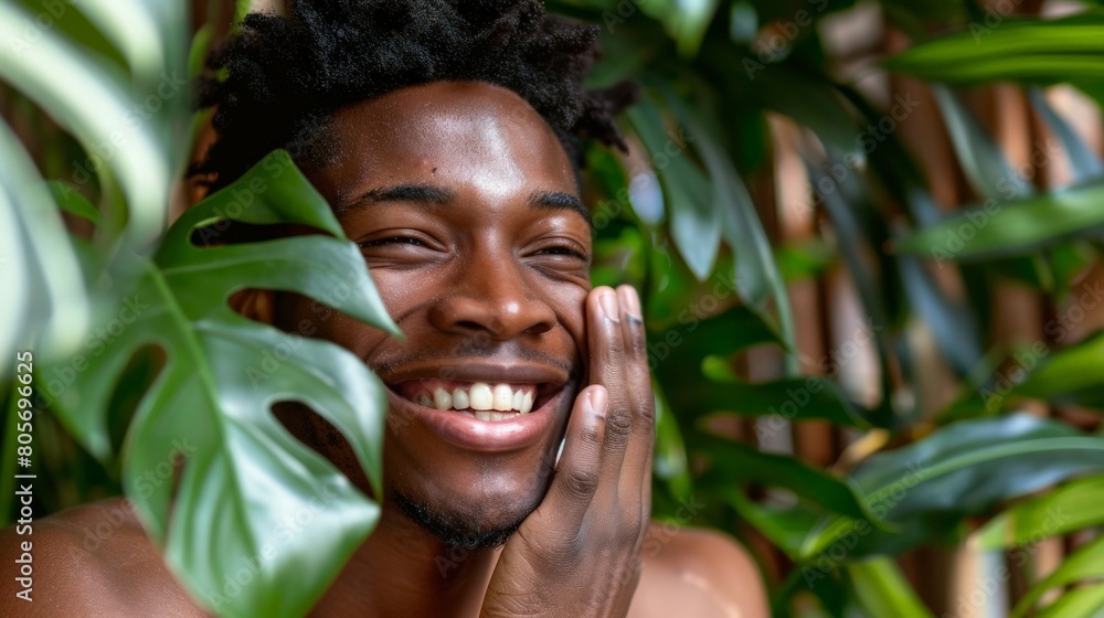 Smiling young Black man applying natural oils to his skin, surrounded by plants, promoting a healthy lifestyle and skin care Smiling young Black man applying natural oils to his skin, surrounded by plants, promoting a healthy lifestyle and skin care