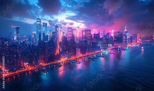 City skyline viewed from a rooftop at night, lights twinkling, vibrant urban life,