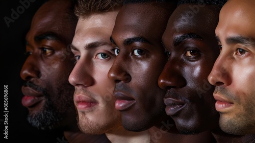 Portrait of four men from diverse backgrounds, showcasing their flawless skin and a unified stance against stereotypical norms © Sasint