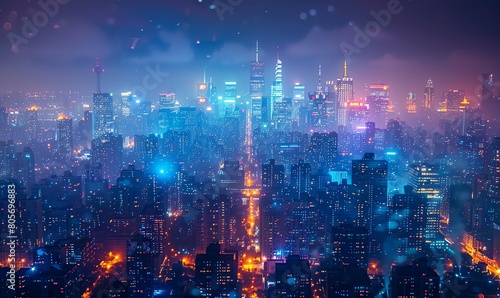City skyline viewed from a rooftop at night, lights twinkling, vibrant urban life, photo