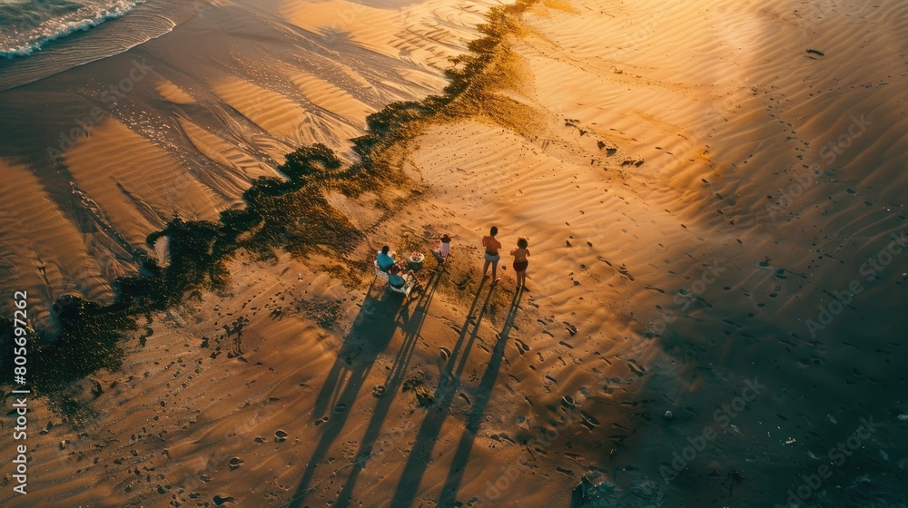 An aerial view of a group of people having a picnic on the beach ...