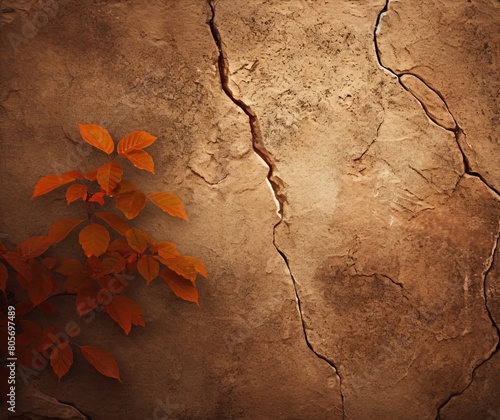 Warm Autumn Leaves on Weathered Cracked Earth Background Texture