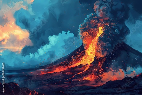 explosive volcanic eruption with lava and ash dramatic landscape digital painting