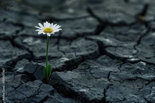 A single daisy emerges from the cracks of cracked black soil, symbolizing hope and resilience in challenging times. The contrast between the delicate flower and the harsh terrain adds depth  © Aleksandra