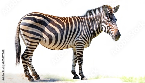 plains zebra - Equus quagga or Equus burchellii - the most common and geographically widespread species of zebra, wide black and white stripes, side profile view isolated cutout on white background photo