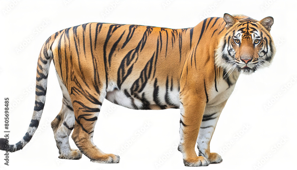 Obraz premium Orange Bengal tiger - Panthera tigris - is the largest living cat species and a member of the genus Panthera native to Asia, standing side profile view isolated on white background