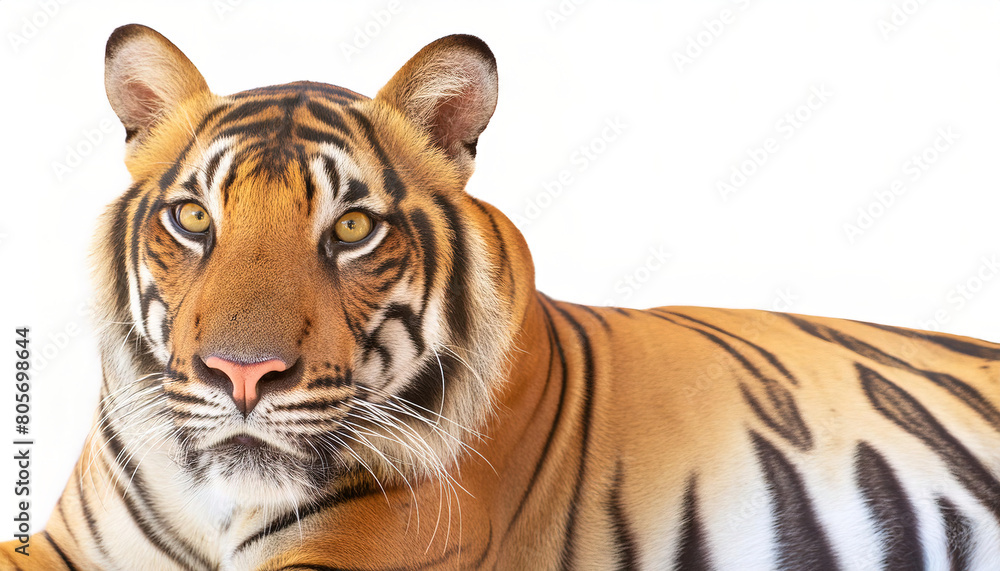 Naklejka premium Orange Bengal tiger - Panthera tigris - the largest living cat species and a member of the genus Panthera native to Asia, front face profile view looking towards camera, isolated on white background