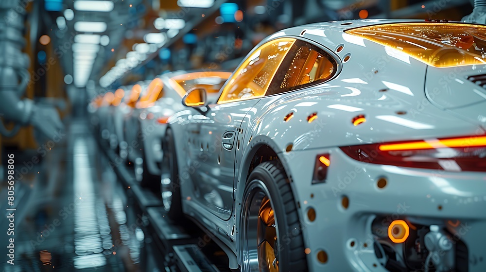 Automated robotic arms installing windshields on a line of sleek new cars
