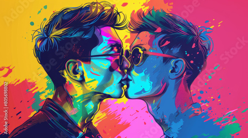 Portrait of gay couple in colorful pop art comic style painting illustration. LGBTQ and pride month concept.