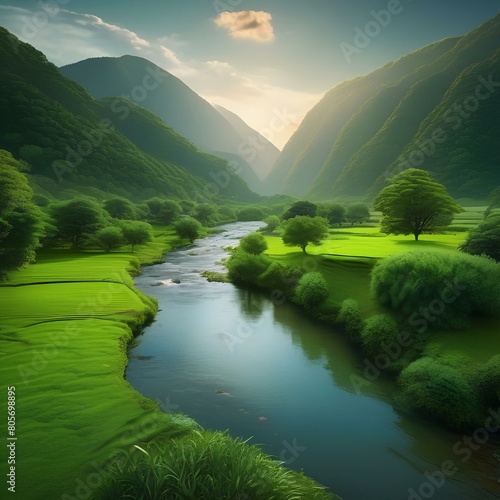 A tranquil river winding through a lush green valley2