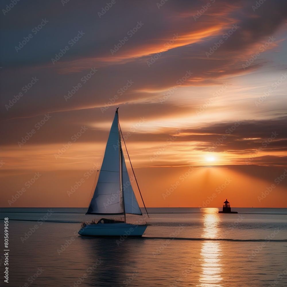 A dramatic sunset over a calm ocean with sailboats on the horizon and a lighthouse2