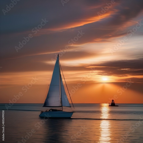 A dramatic sunset over a calm ocean with sailboats on the horizon and a lighthouse2 © ja