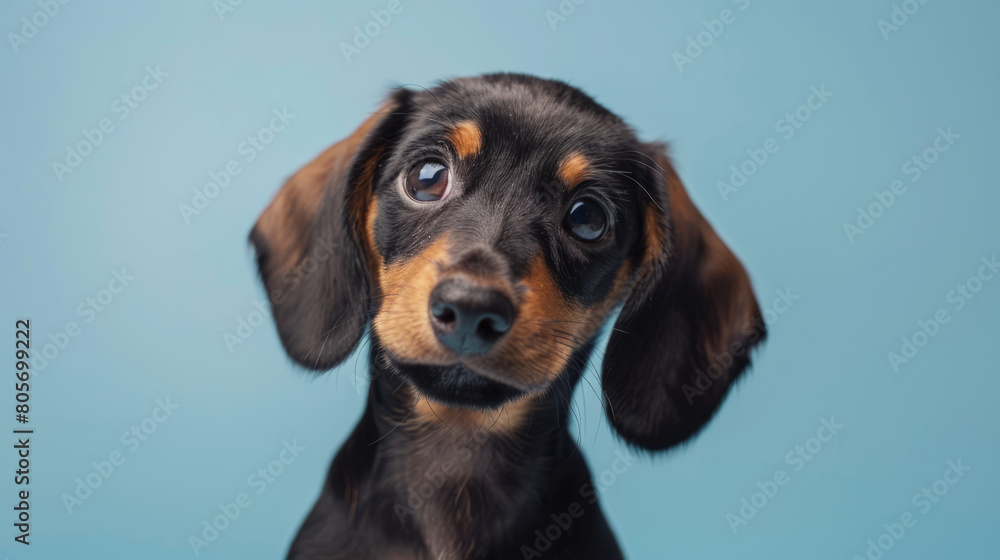 dachshund puppy with curious questioned face isolated on light blue background.