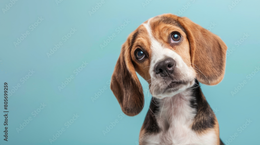 beagle puppy with curious questioned face isolated on light blue background.