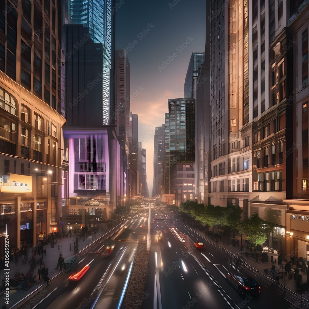 Fototapeta premium A bustling city street with tall buildings, bright lights, traffic, pedestrians, and street vendors3
