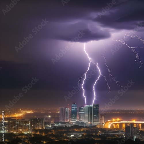 A dramatic lightning storm over a city skyline at night3