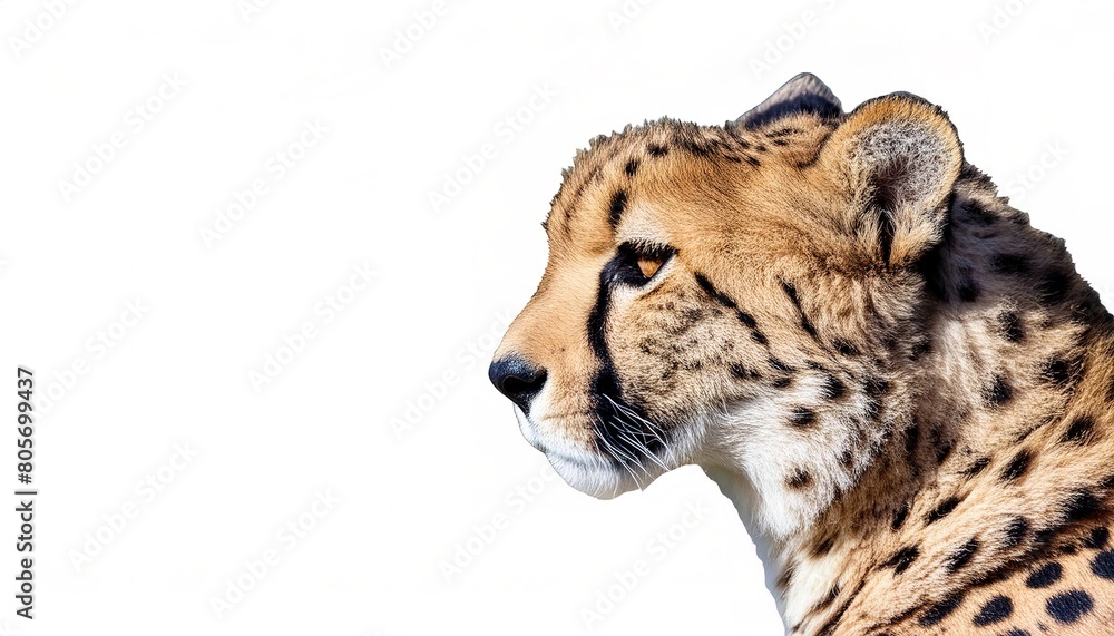 Obraz premium cheetah - Acinonyx jubatus - is a large cat and the fastest land animal. It has a tawny to creamy white or pale buff fur that is marked with solid black spots. Side head view isolated on white