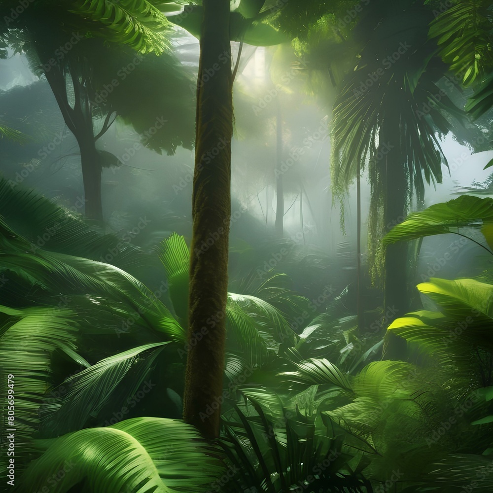 A lush tropical rainforest with dense foliage4