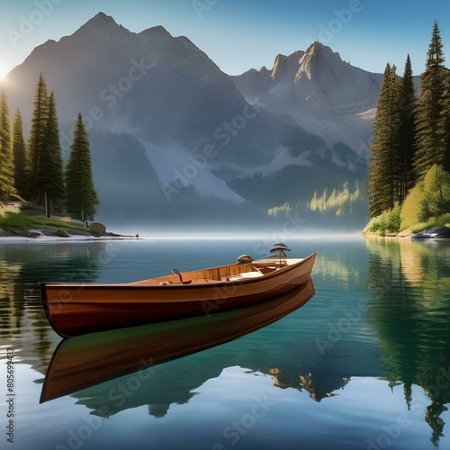 A serene mountain lake reflecting the surrounding peaks, a clear blue sky, a rowboat, and a couple enjoying a picnic on the shore4