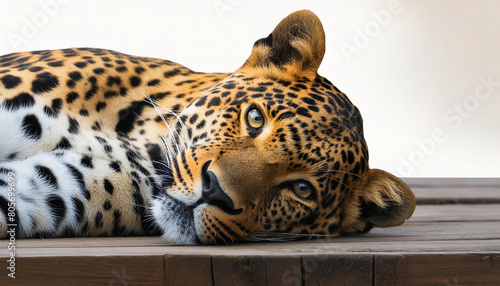 Leopard - Panthera pardus-  is one of the five extant species in the genus Panthera. It has a pale yellowish to dark golden fur with dark spots grouped in rosettes. Laying face view facing camera photo