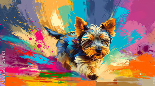yorkshire terrier puppy running in colorful pop art comic style painting illustration. photo