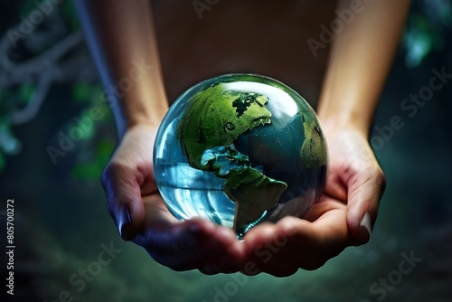 Earth crystal glass globe and tree hold by hand , save the environment, ecology concept, sustainability , renewable energy , environmental day , earth day
