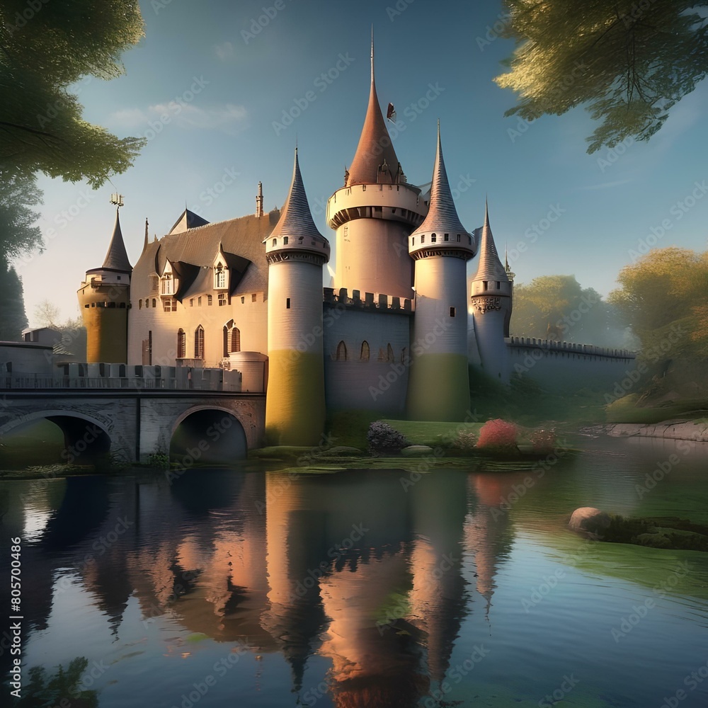 A whimsical fairy tale castle surrounded by a moat with a drawbridge and towers2