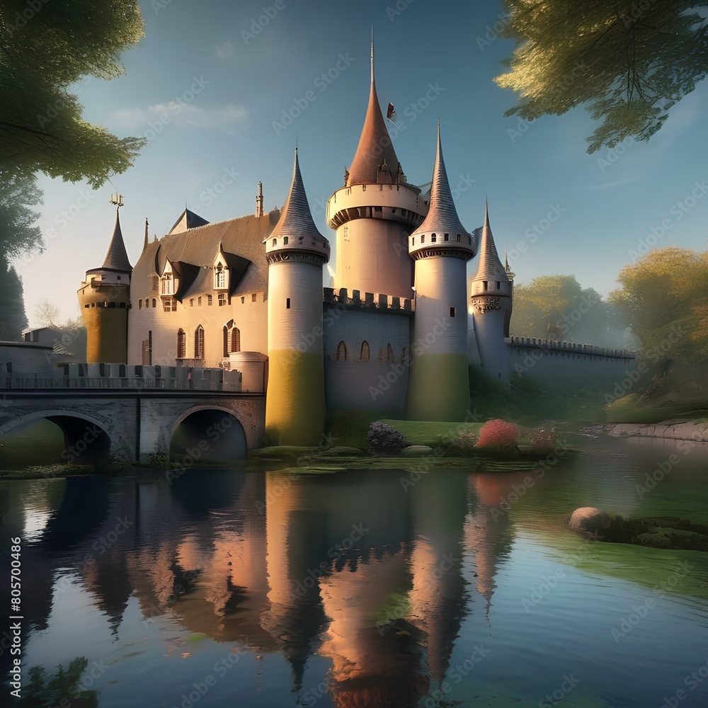 Obraz premium A whimsical fairy tale castle surrounded by a moat with a drawbridge and towers2