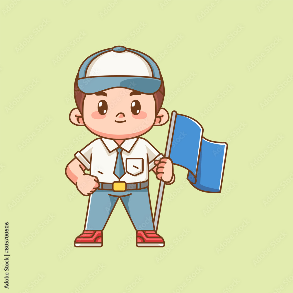Cute boy Indonesian senior high school hold flag kawaii chibi character mascot illustration Cute boy Indonesian senior high school hold flag kawaii chibi character mascot illustration