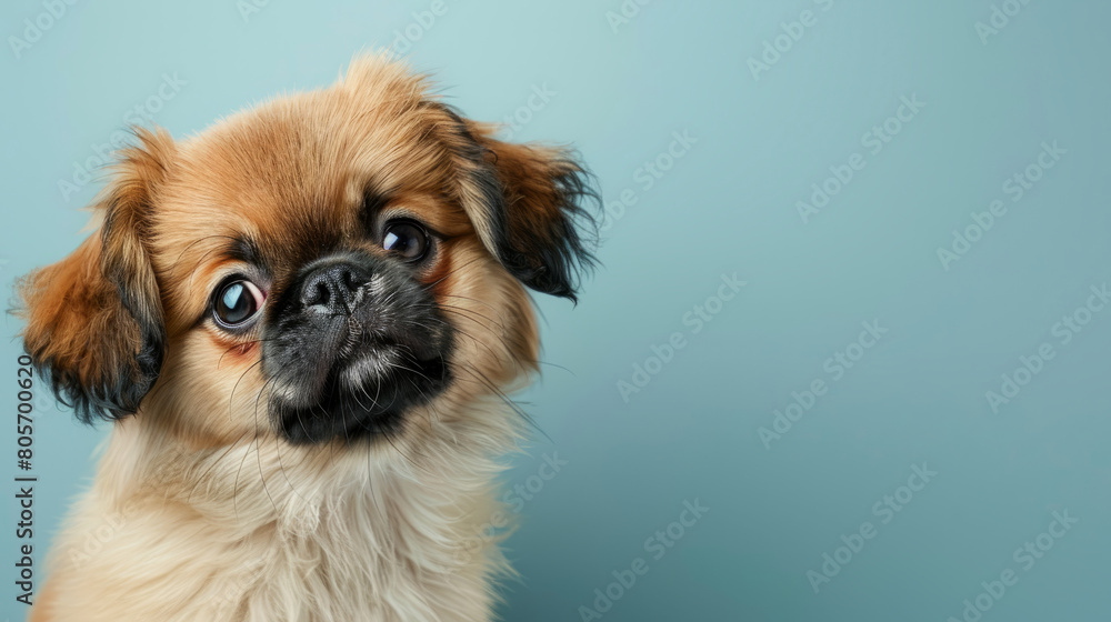 Adorable Pekingese puppy with questioning and curious face isolated on light blue background with copy space. Adorable Pekingese puppy with questioning and curious face isolated on light blue background with copy space.