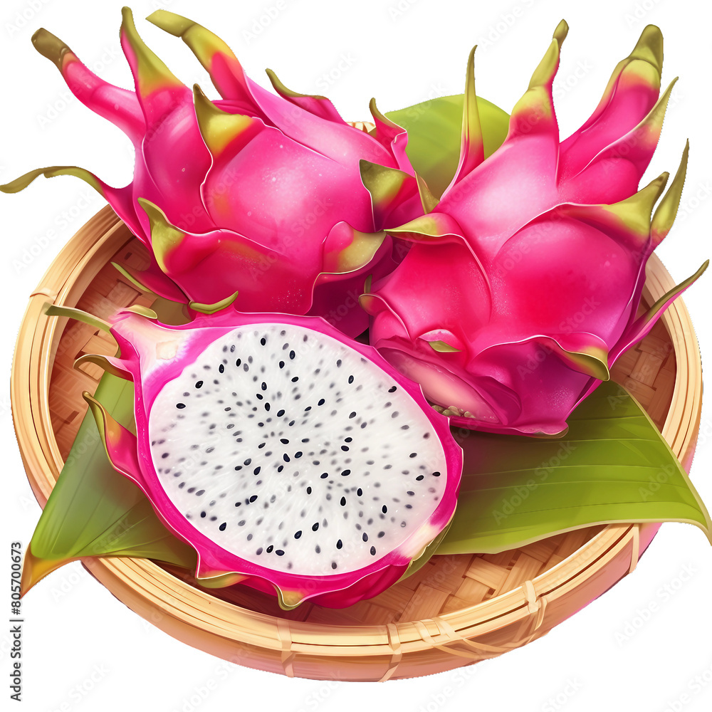 Dragon fruit in a bamboo tray, PNG isolated art