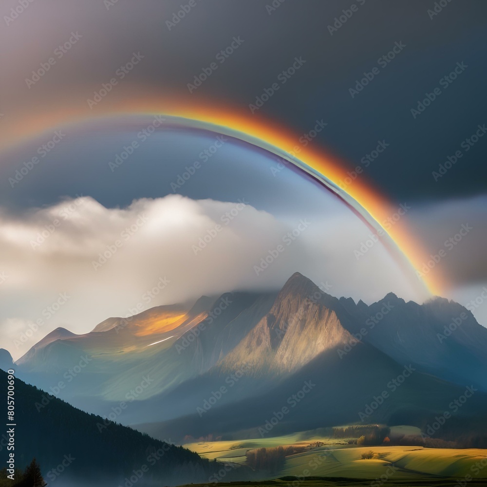 A majestic mountain range shrouded in mist with a rainbow in the sky2