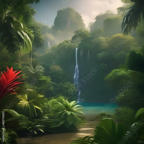 A lush tropical rainforest with dense vegetation  exotic birds  and a hidden waterfall2