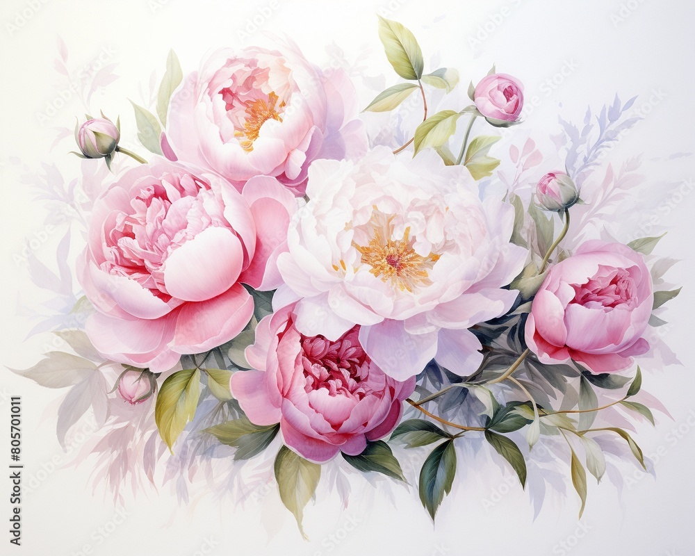 Graceful watercolor of mixed peonies and roses, pastel tones against white, emphasizing a tranquil and joyful atmosphere ,  fresh and clean look