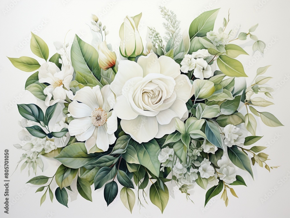 Fototapeta premium Graceful watercolor of a wedding bouquet, soft pastels accented by rich emerald leaves, set against a clean white canvas , against pur white background