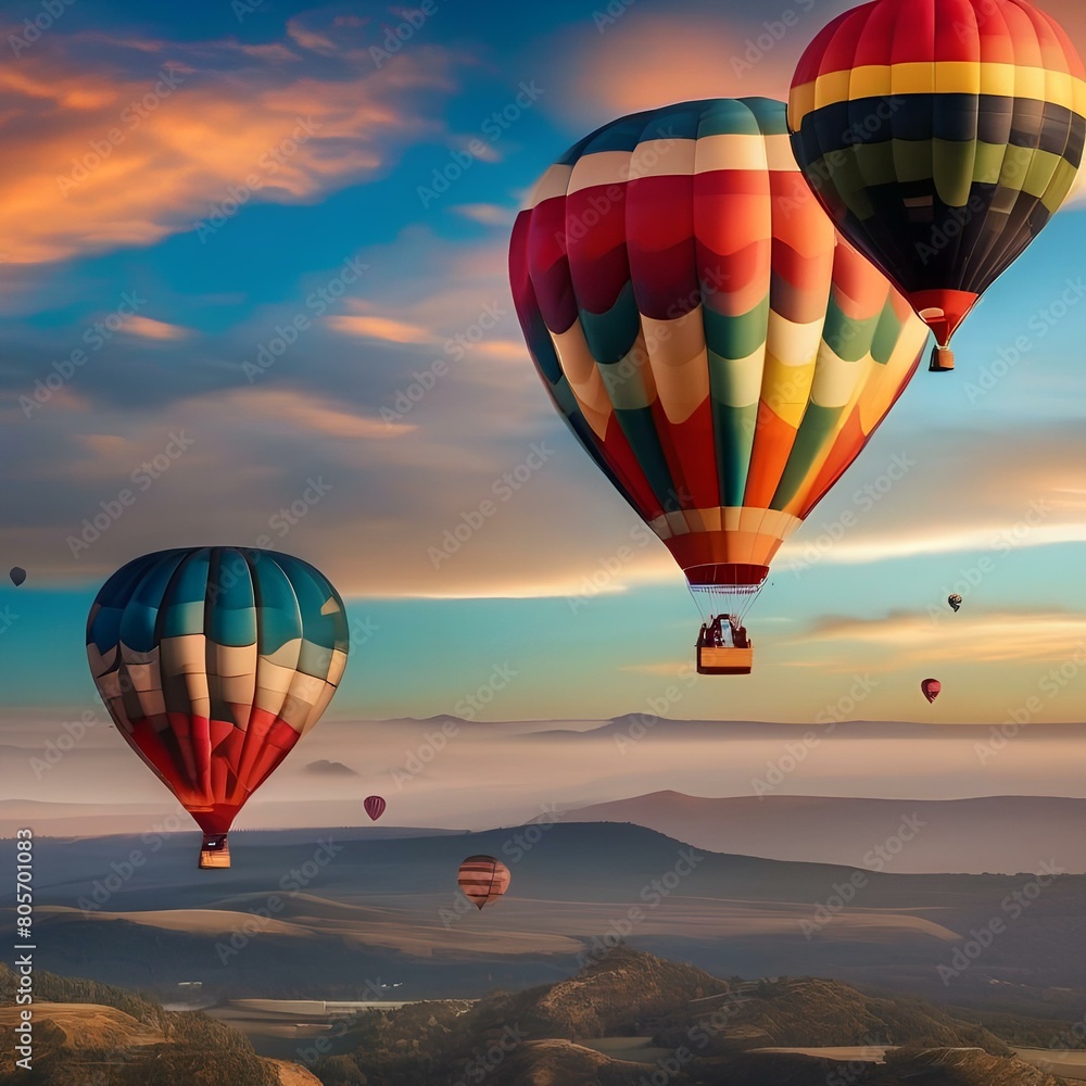 Obraz premium A colorful hot air balloon festival in a clear blue sky with clouds, mountains, and a beautiful sunset1
