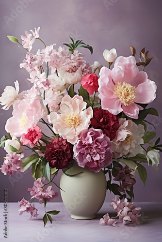 Ethereal floral arrangement in watercolor, showcasing pink tulips and forgetmenot flowers, symbolizing love, against a white backdrop , watercolor painting