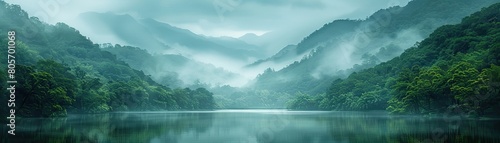 The photo shows a beautiful landscape with a lake and mountains in the background. The water is calm and still, and the sky is cloudy. The scene is peaceful and serene.