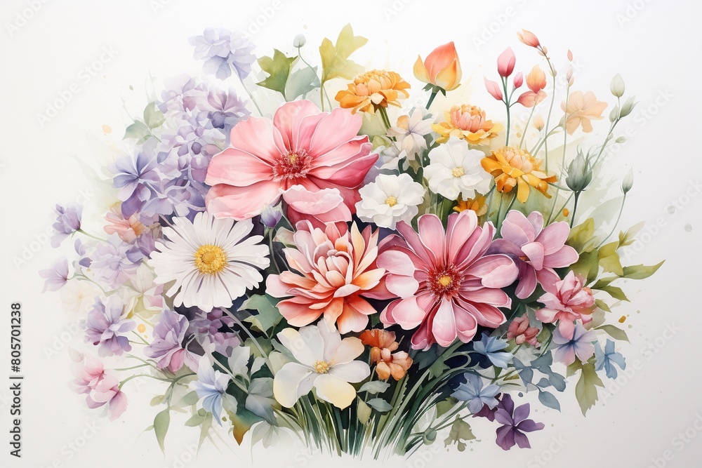 Watercolor depiction of friendship flowers, including freesias and asters, with soft red hues and vibrant greens, against a white background ,  fresh and clean look