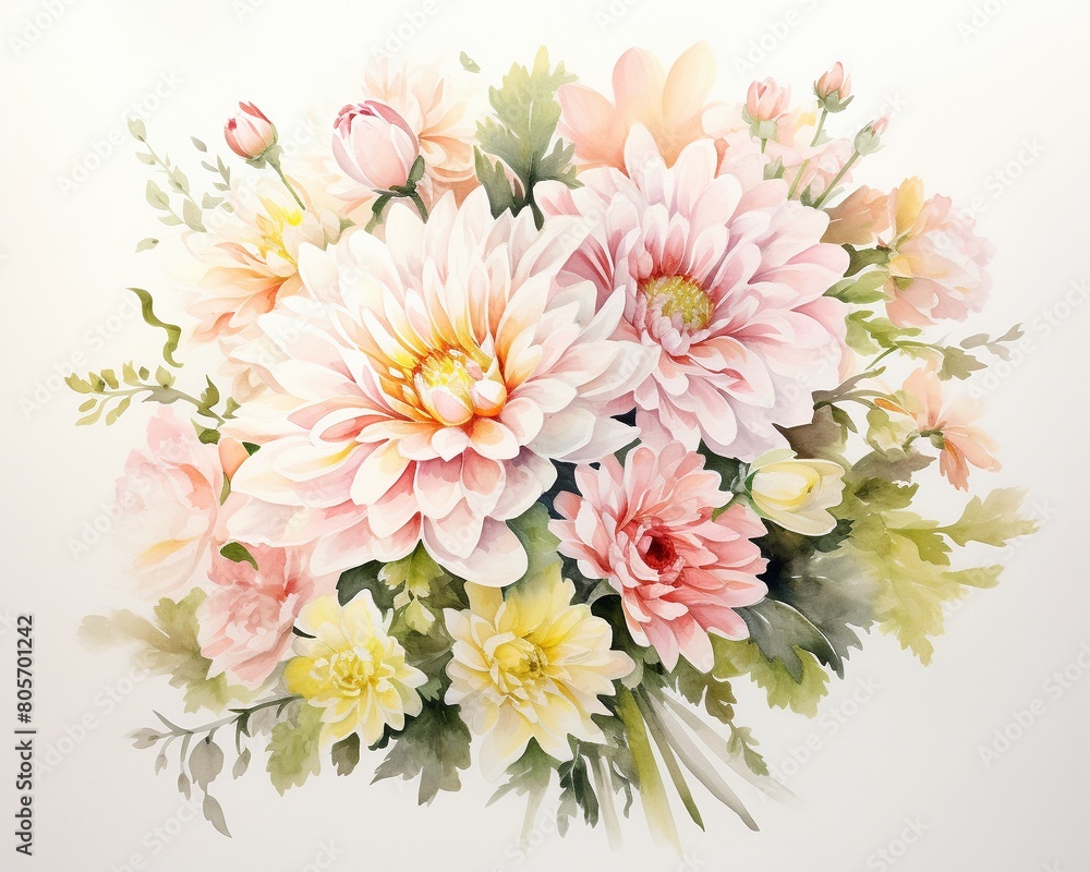 Watercolor Chrysanthemum wedding bouquet, symbolizing happiness and longevity, soft pastels on a white background for a serene effect ,  high-detail texture