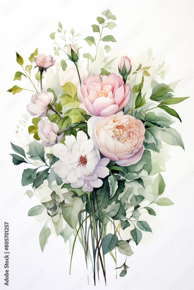Obraz premium Watercolor painting of a bouquet with peonies, roses, and ranunculus, symbolizing love and beauty, with pale sage to deep forest green leaves enhancing the composition , watercolor painting