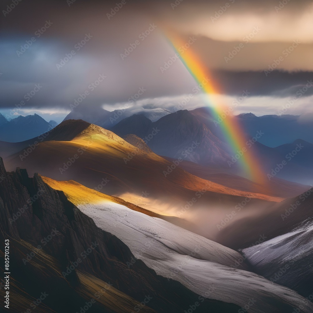 A majestic mountain range shrouded in mist with a rainbow in the sky5