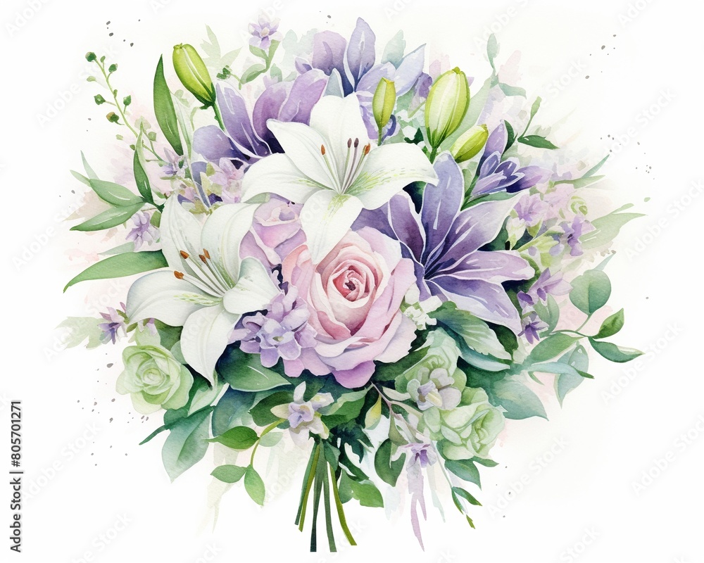 Watercolor painting of a wedding bouquet, soft pastels and asymmetrical green leaves, emphasizing natural elegance ,  watercolor painting