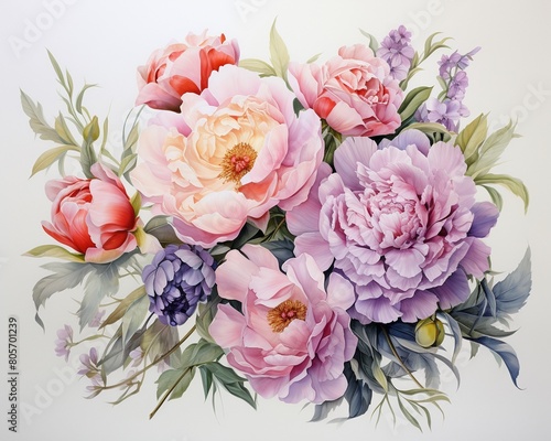 Watercolor bouquet featuring garden roses and blousy peonies, soft pastels on a white background, evoking delicate charm , watercolor painting